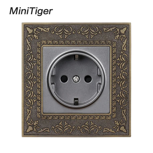 Minitiger 16A Luxe EU Stopcontact – Gouden Retro Design met Zinklegering Paneel (110-250V)