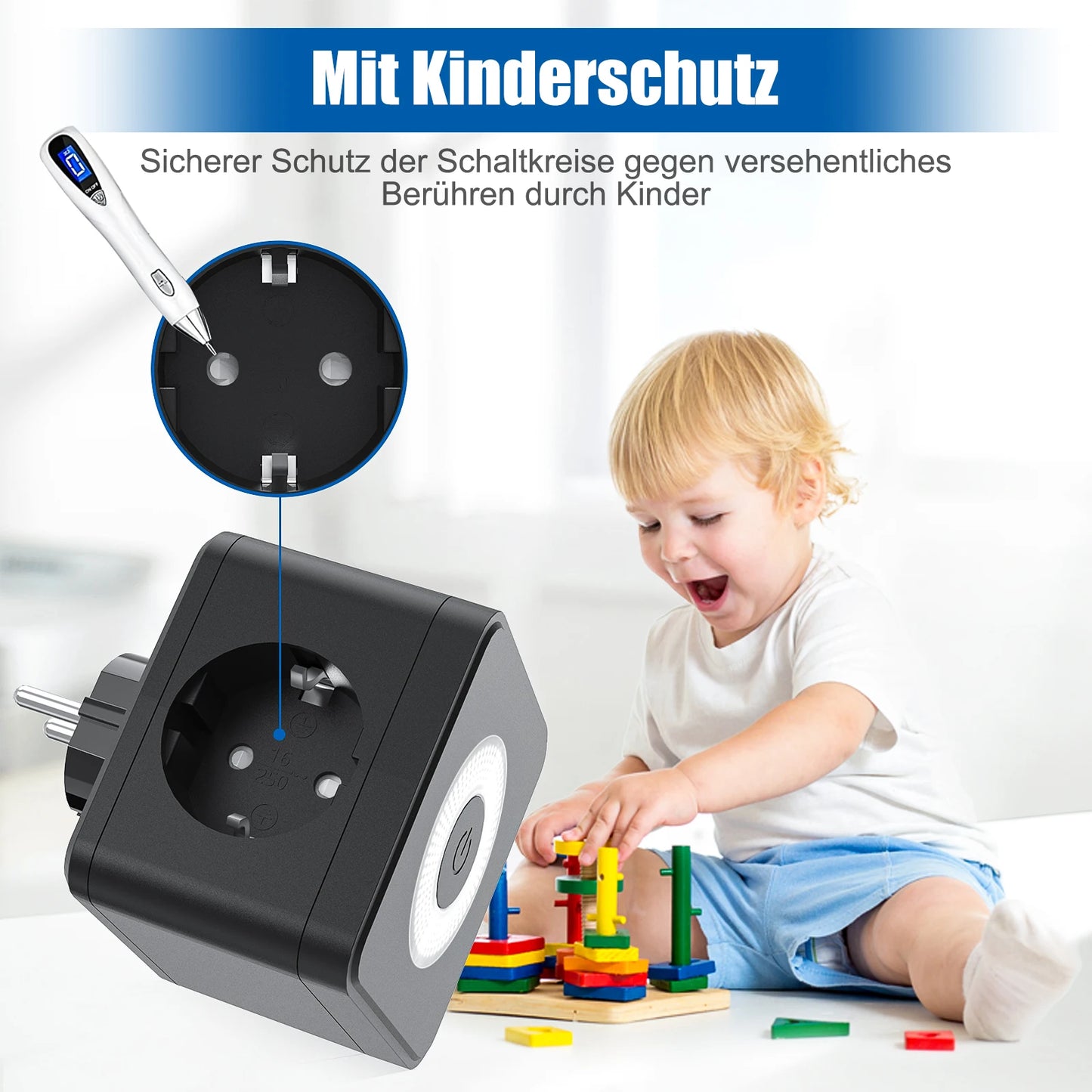 EU Power Strip Cube – 2 Sockets, 2 USB-A & 1 USB-C, Night Light, 3680W Wall Socket