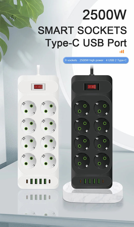 EU Plug AC Power Strip 10-weg Stekkerdoos – 2m Verlengsnoer met 3 Smart USB-poorten & Overspanningsbeveiliging