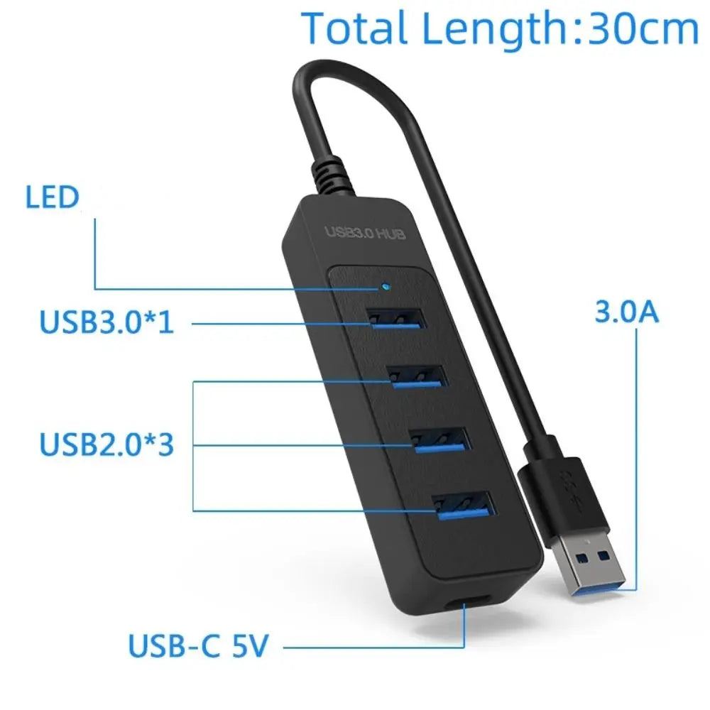 4-Port USB 3.0 Hub met Type-C poort – Compacte high-speed splitter