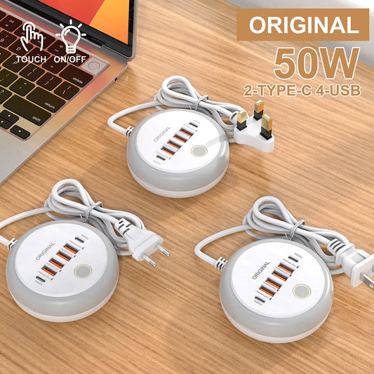 Multifunction 4 USB 2 Type C Ports Desktop Power Strip 6 In 1 Quick Charging Socket Home Electronics For Tablet Laptop EU/US/UK