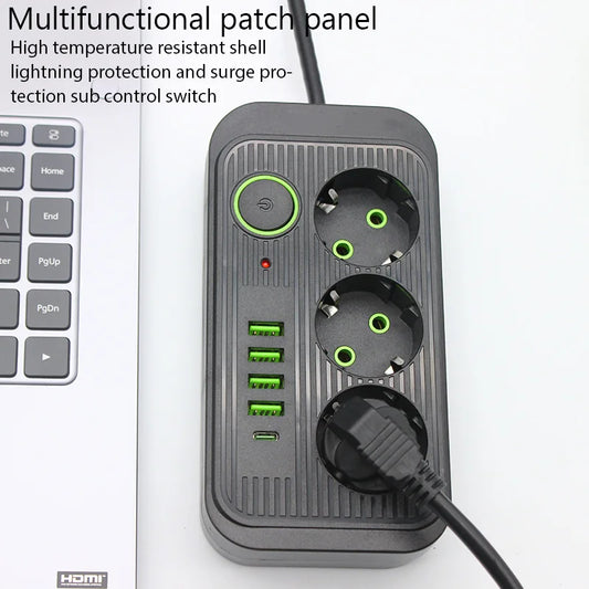 EU Power Strip – 3 Sockets, 4 USB & 1 USB-C, 2m Extension Cable, Fast Charging