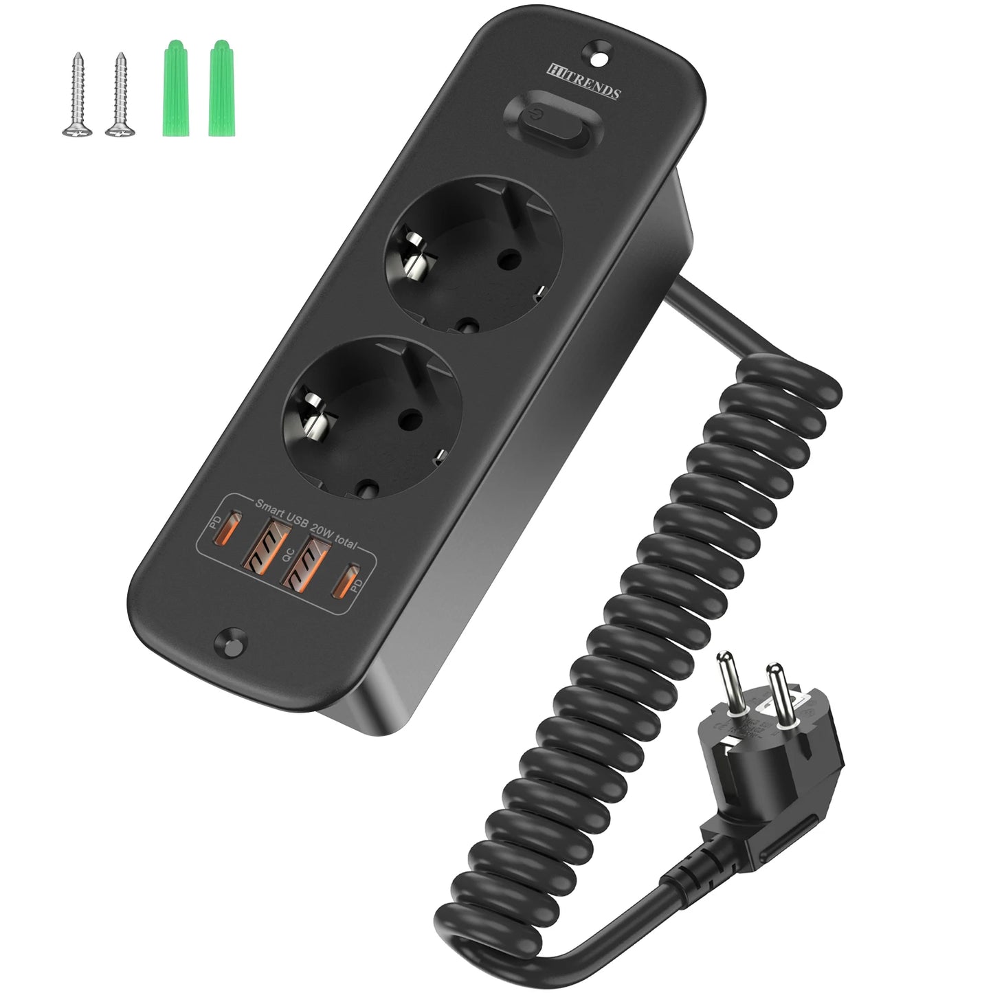 Hitrends Inbouw Wandcontactdoos – 2 EU Stopcontacten, 2 USB-A & 2 USB-C PD 20W, 2m Spiraal Verlengkabel