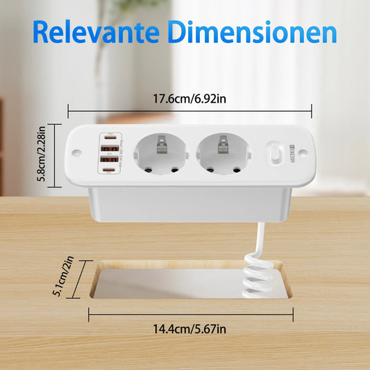 Hitrends Flush-Mounted Wall Socket – 2 EU Sockets, 2 USB-A & 2 USB-C PD 20W, 2m Spiral Extension Cable