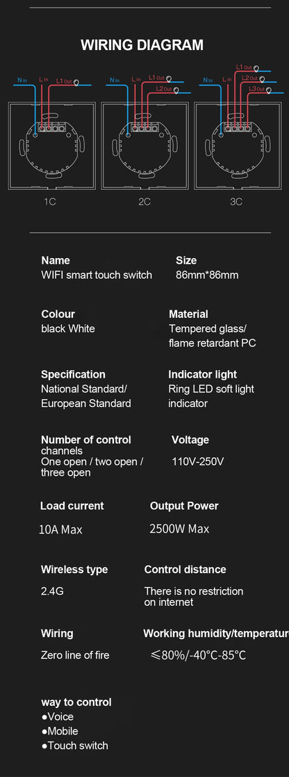 Tuya WiFi Smart Lichtschakelaar – 1/2/3-Gang Touchpaneel met App-bediening voor Alexa & Google Home