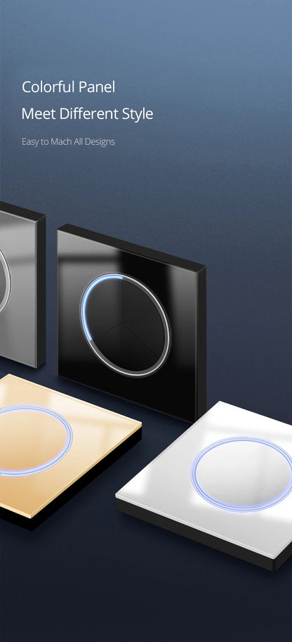 Wallpad zwart glazen schakelaar met ronde blauwe LED & stopcontact