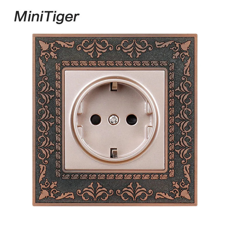 Minitiger 16A Luxe EU Stopcontact – Gouden Retro Design met Zinklegering Paneel (110-250V)