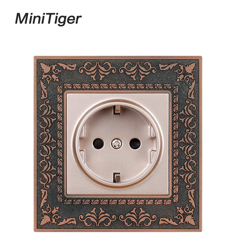 Minitiger 16A Luxe EU Stopcontact – Gouden Retro Design met Zinklegering Paneel (110-250V)