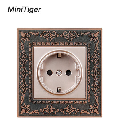 Minitiger 16A Luxe EU Stopcontact – Gouden Retro Design met Zinklegering Paneel (110-250V)