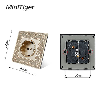 Minitiger 16A Luxe EU Stopcontact – Gouden Retro Design met Zinklegering Paneel (110-250V)