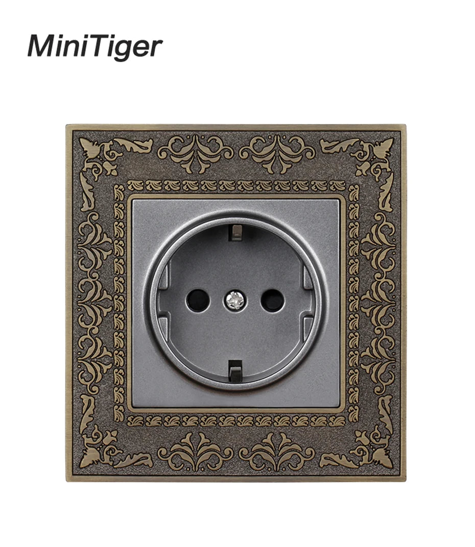 Minitiger 16A Luxe EU Stopcontact – Gouden Retro Design met Zinklegering Paneel (110-250V)