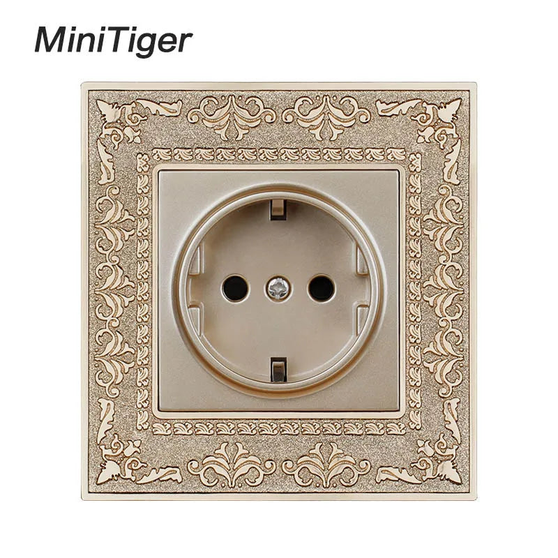 Minitiger 16A Luxe EU Stopcontact – Gouden Retro Design met Zinklegering Paneel (110-250V)