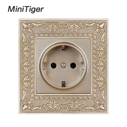 Minitiger 16A Luxe EU Stopcontact – Gouden Retro Design met Zinklegering Paneel (110-250V)