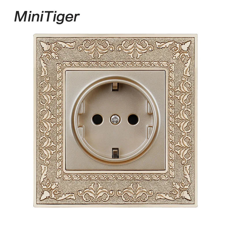 Minitiger 16A Luxe EU Stopcontact – Gouden Retro Design met Zinklegering Paneel (110-250V)