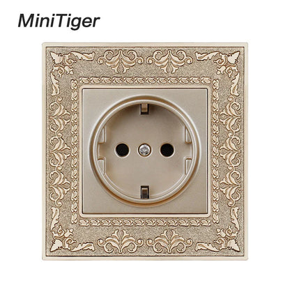 Minitiger 16A Luxe EU Stopcontact – Gouden Retro Design met Zinklegering Paneel (110-250V)