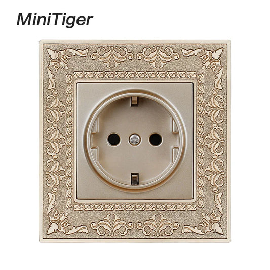 Minitiger 16A Luxe EU Stopcontact – Gouden Retro Design met Zinklegering Paneel (110-250V)