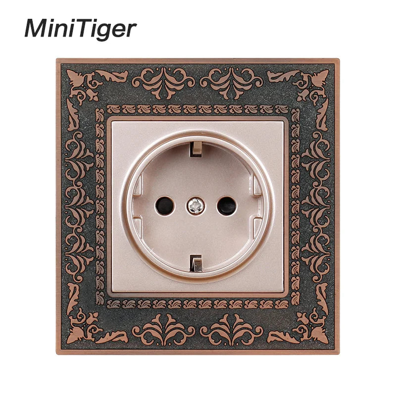 Minitiger 16A Luxe EU Stopcontact – Gouden Retro Design met Zinklegering Paneel (110-250V)