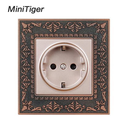 Minitiger 16A Luxe EU Stopcontact – Gouden Retro Design met Zinklegering Paneel (110-250V)