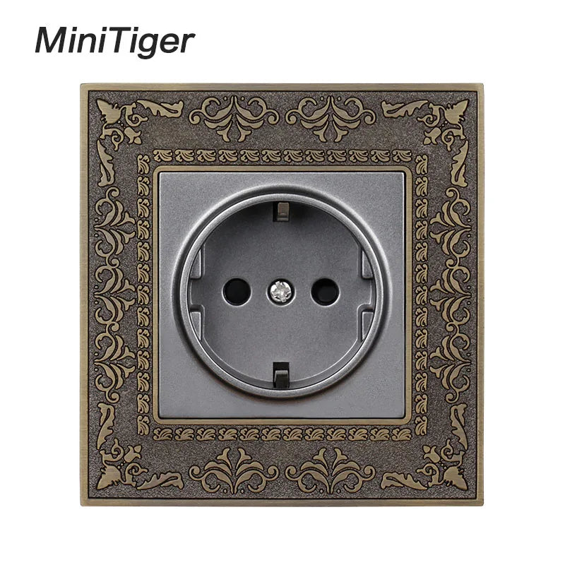 Minitiger 16A Luxe EU Stopcontact – Gouden Retro Design met Zinklegering Paneel (110-250V)