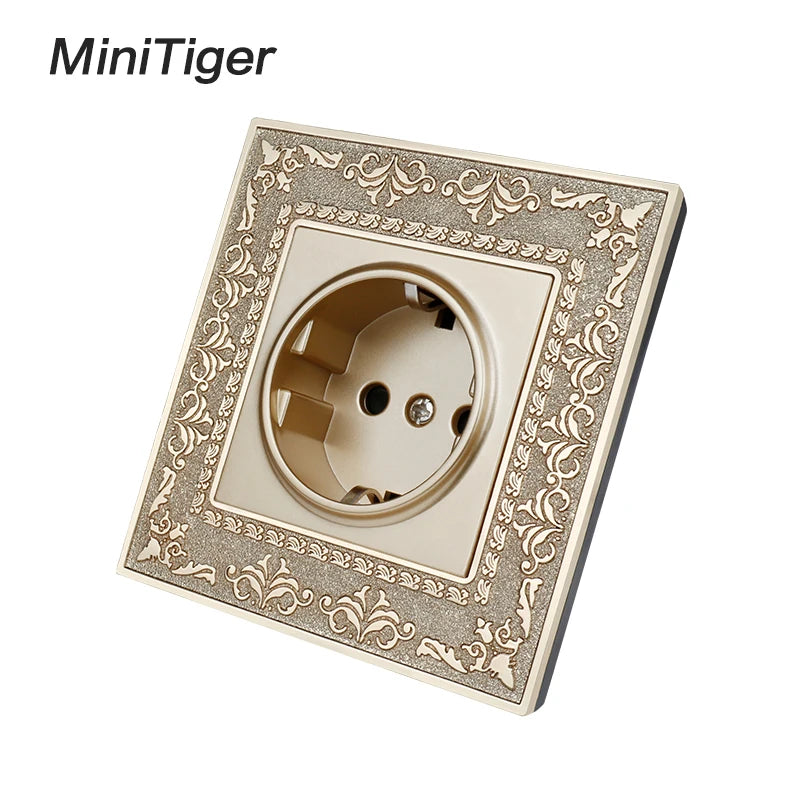Minitiger 16A Luxe EU Stopcontact – Gouden Retro Design met Zinklegering Paneel (110-250V)