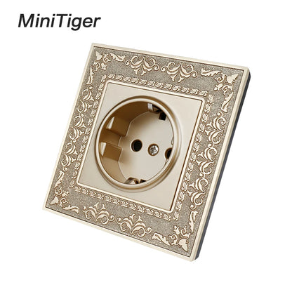 Minitiger 16A Luxe EU Stopcontact – Gouden Retro Design met Zinklegering Paneel (110-250V)
