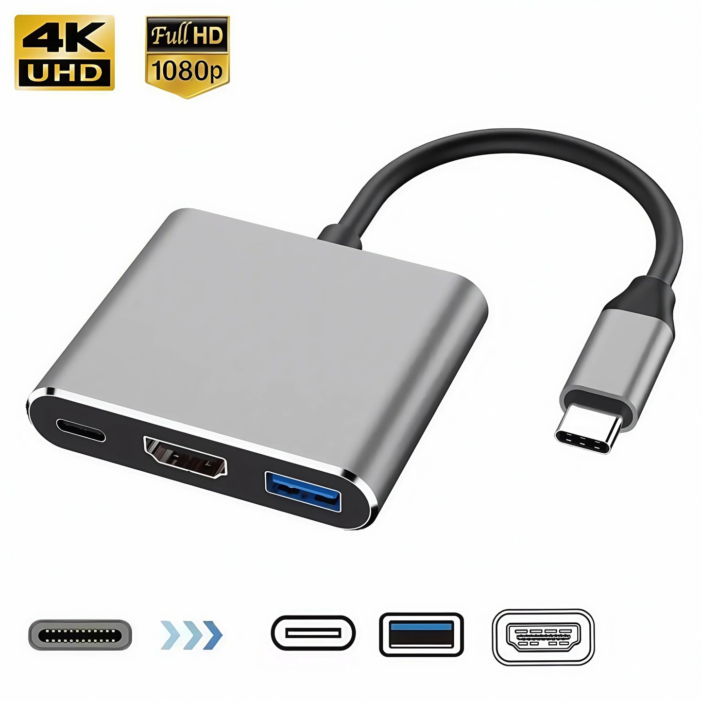 USB-C Hub Adapter 3-in-1 – 4K HDMI, USB 3.0 &amp; Charging Port – Suitable for MacBook &amp; Laptops