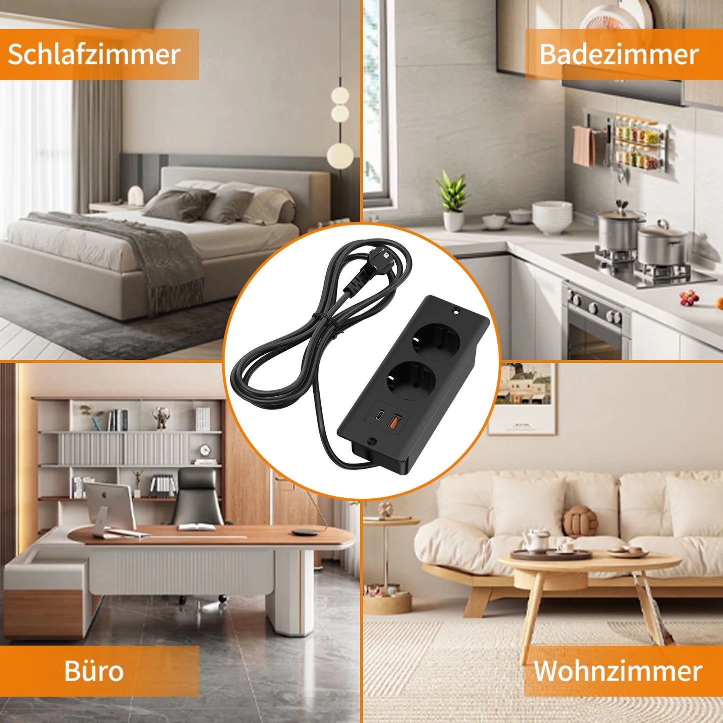 Hitrends Built-in Desk Socket – 2 EU Sockets, 1 USB &amp; 1 USB-C, 2m Extension Cable