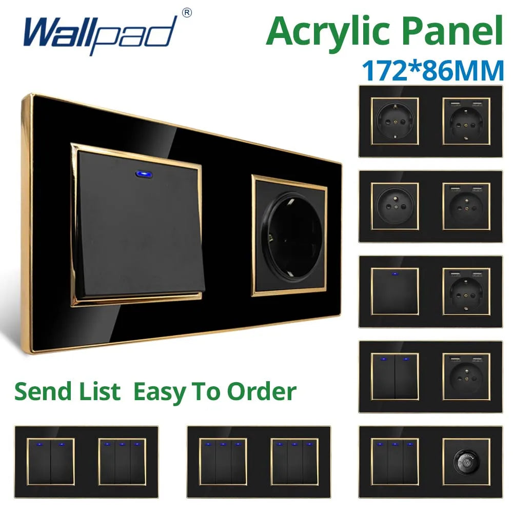Wallpad Luxe Zwart Acrylpaneel met Gouden Rand – Dimmer, USB-oplader & Stopcontact (5–8 Modules)