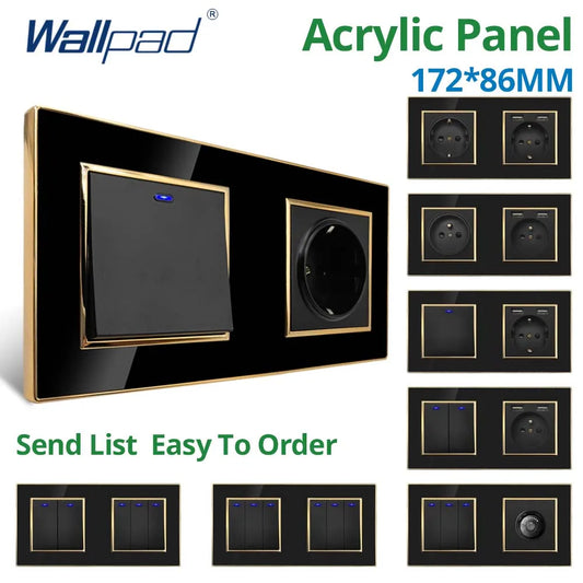 Wallpad Luxe Zwart Acrylpaneel met Gouden Rand – Dimmer, USB-oplader & Stopcontact (5–8 Modules)