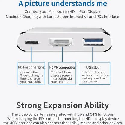 USB-C Hub Adapter 3-in-1 – 4K HDMI, USB 3.0 &amp; Charging Port – Suitable for MacBook &amp; Laptops