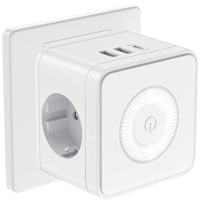 EU Power Strip Cube – 2 Sockets, 2 USB-A &amp; 1 USB-C, Night Light, 3680W Wall Socket