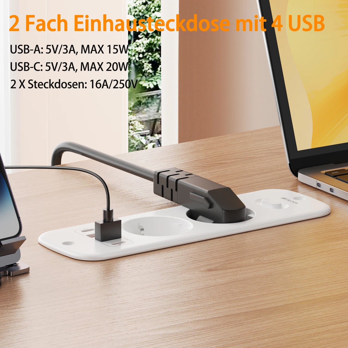 Hitrends Flush-Mounted Wall Socket – 2 EU Sockets, 2 USB-A &amp; 2 USB-C PD 20W, 2m Spiral Extension Cable