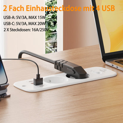 Hitrends Flush-Mounted Wall Socket – 2 EU Sockets, 2 USB-A &amp; 2 USB-C PD 20W, 2m Spiral Extension Cable