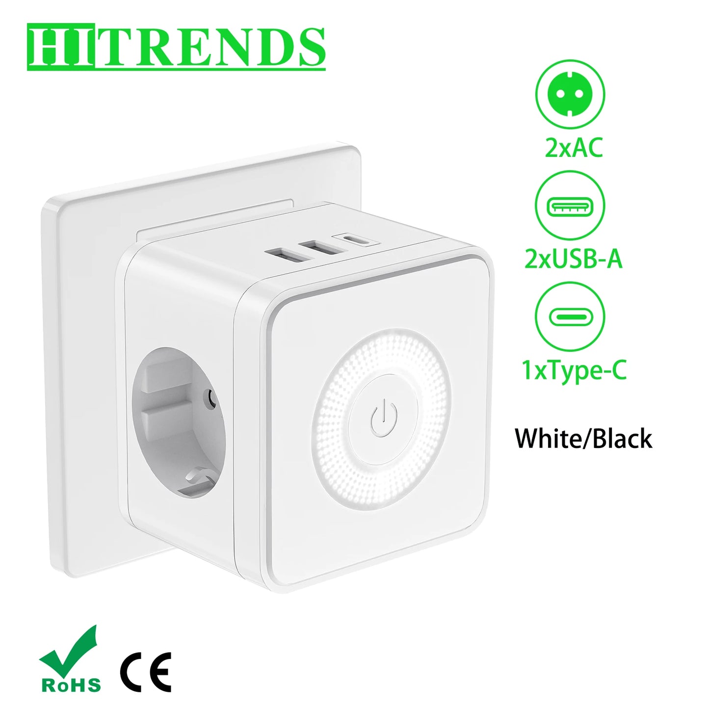 EU Power Strip Cube – 2 Sockets, 2 USB-A &amp; 1 USB-C, Night Light, 3680W Wall Socket