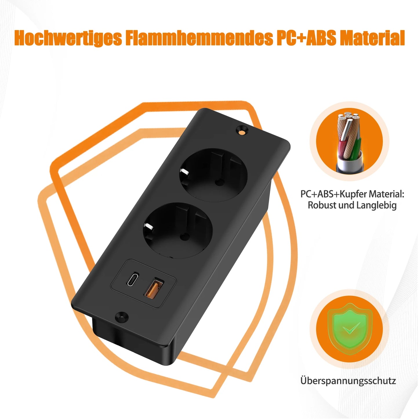 Hitrends Built-in Desk Socket – 2 EU Sockets, 1 USB &amp; 1 USB-C, 2m Extension Cable