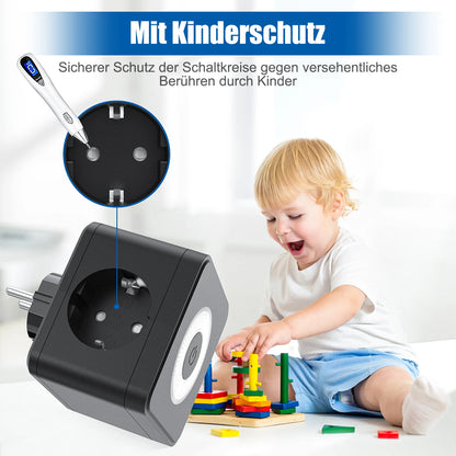 EU Power Strip Cube – 2 Sockets, 2 USB-A &amp; 1 USB-C, Night Light, 3680W Wall Socket