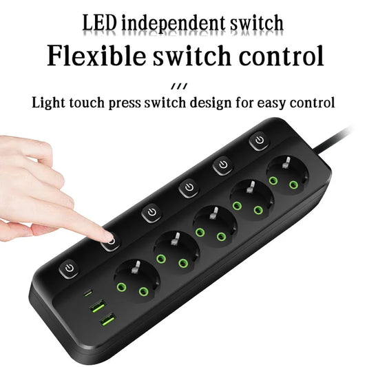 MAOZUA Power Strip – 3/5 Sockets, 2 USB &amp; 1 USB-C, 6/8-in-1 Power Strip, Fast Charging