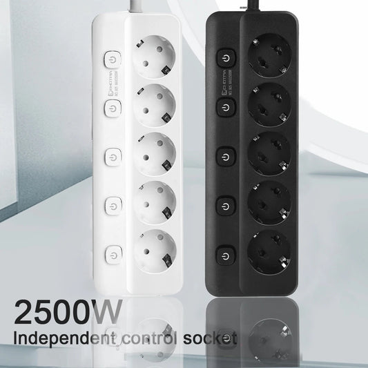 Lehotpia Power Strip – 5 EU Sockets, 2m Extension Cord, Individual Switches, 2500W