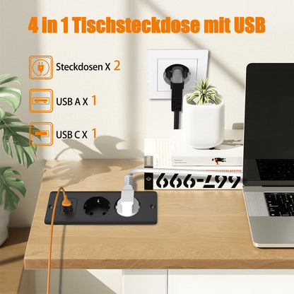 Hitrends Built-in Desk Socket – 2 EU Sockets, 1 USB &amp; 1 USB-C, 2m Extension Cable