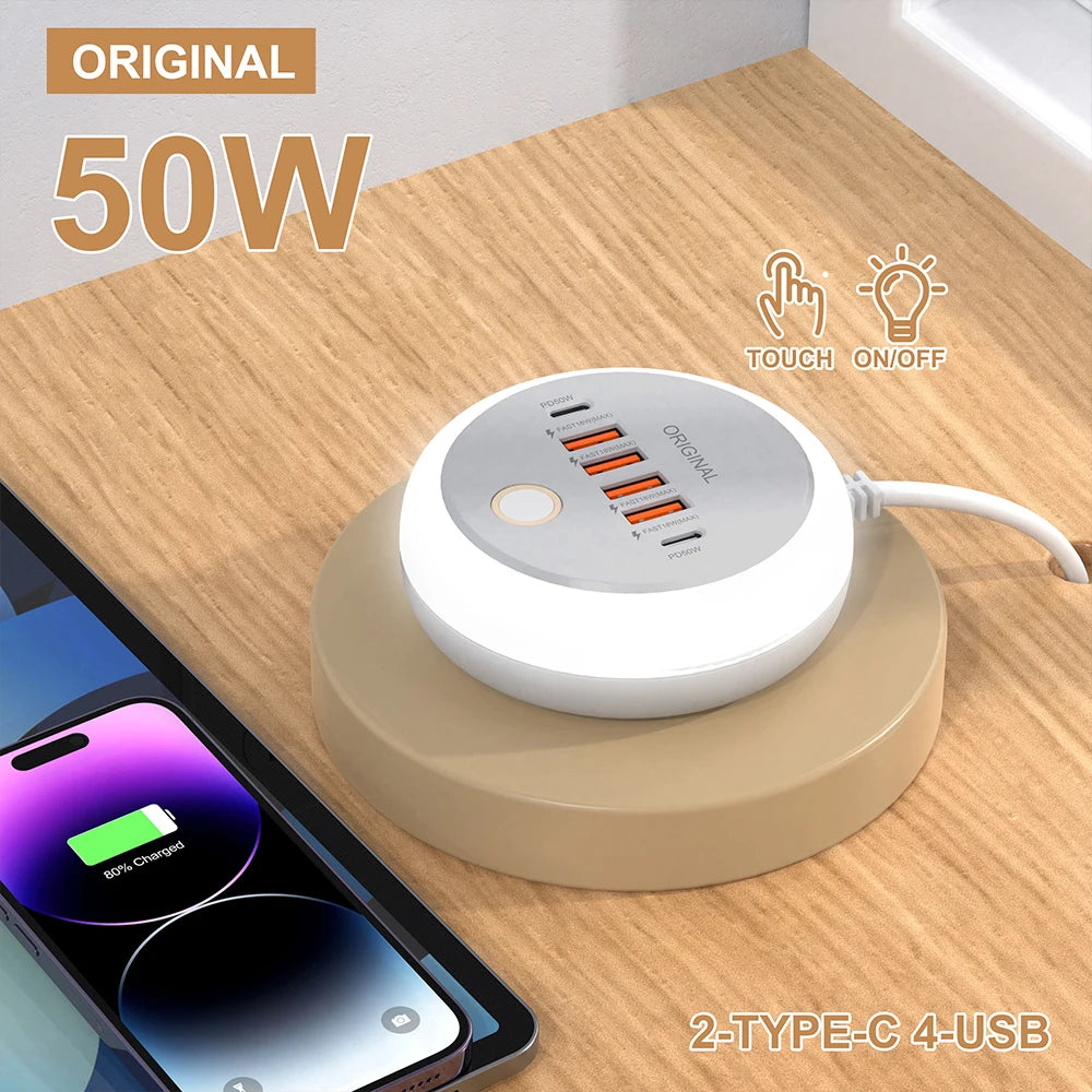 Multifunction 4 USB 2 Type C Ports  Desktop Power Strip 6 In 1 Quick Charging Socket Home Electronics For Tablet Laptop EU/US/UK