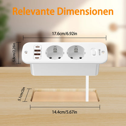 Hitrends Flush-Mounted Wall Socket – 2 EU Sockets, 2 USB-A &amp; 2 USB-C PD 20W, 2m Spiral Extension Cable