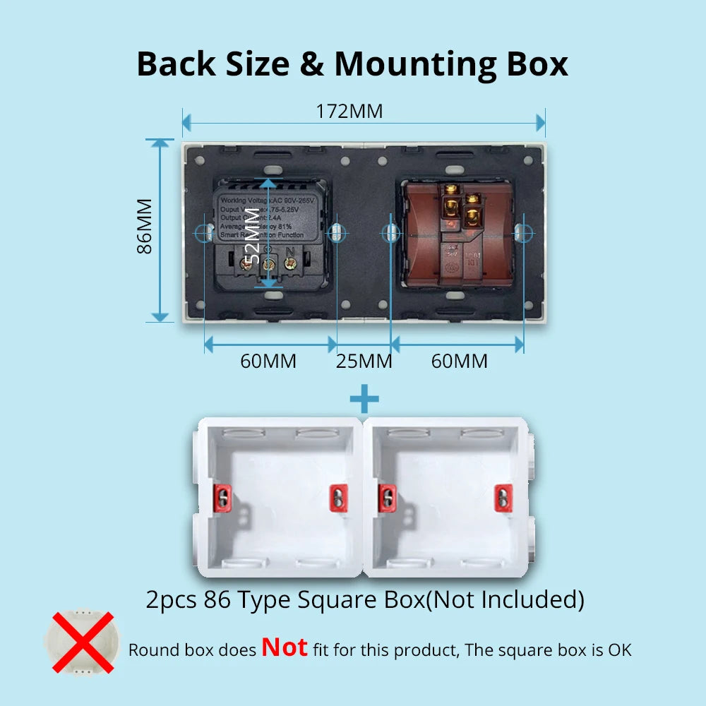 Wallpad Luxe Zwart Acrylpaneel met Gouden Rand – Dimmer, USB-oplader & Stopcontact (5–8 Modules)