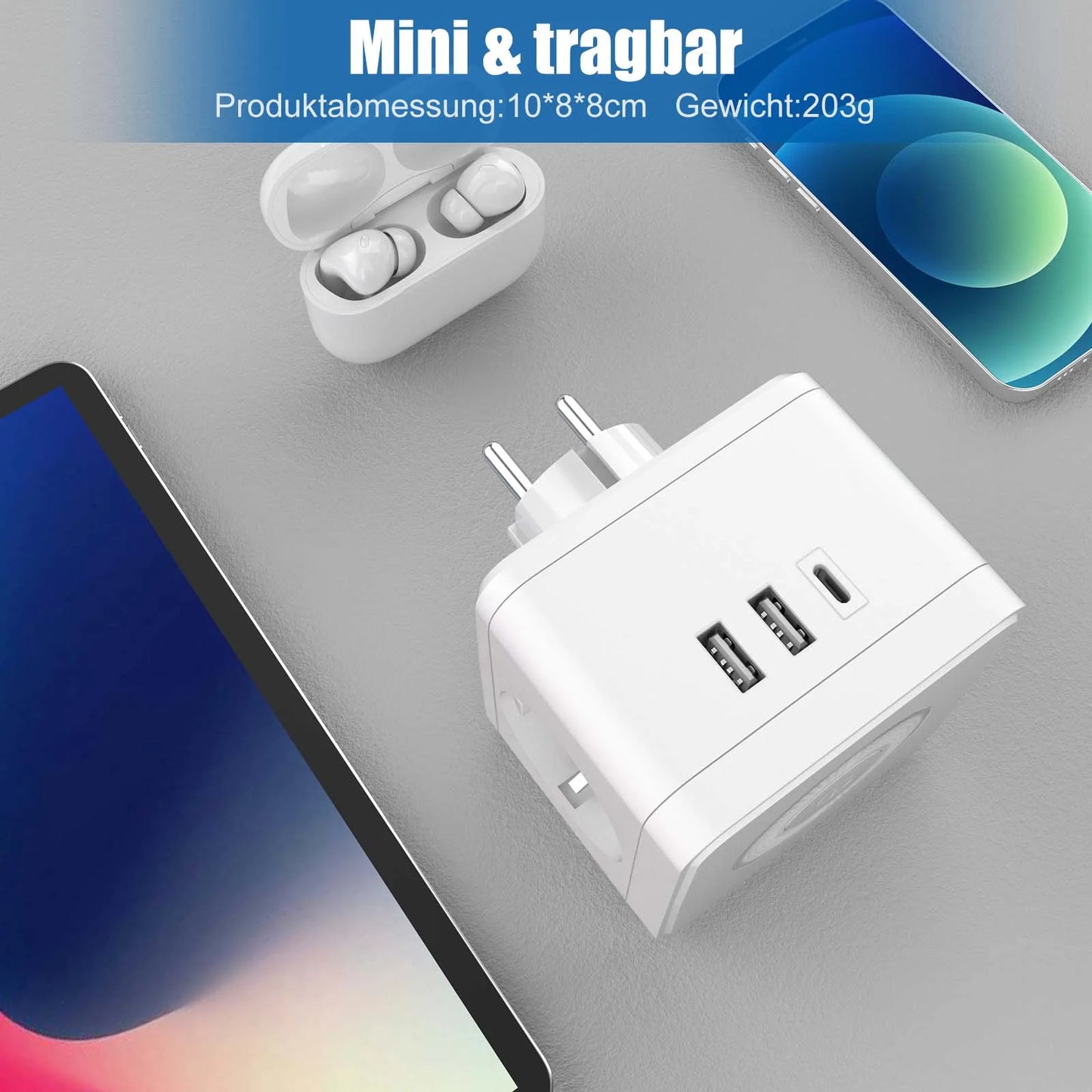 EU Power Strip Cube – 2 Sockets, 2 USB-A &amp; 1 USB-C, Night Light, 3680W Wall Socket