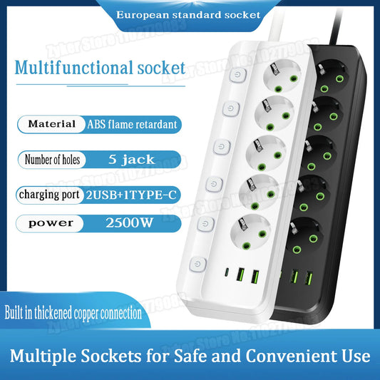 MAOZUA Power Strip – 3/5 Sockets, 2 USB &amp; 1 USB-C, 6/8-in-1 Power Strip, Fast Charging