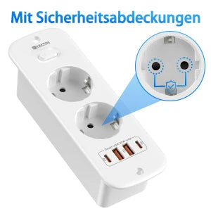 Hitrends Flush-Mounted Wall Socket – 2 EU Sockets, 2 USB-A &amp; 2 USB-C PD 20W, 2m Spiral Extension Cable