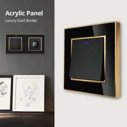 Wallpad Luxe Zwart Acrylpaneel met Gouden Rand – Dimmer, USB-oplader & Stopcontact (5–8 Modules)