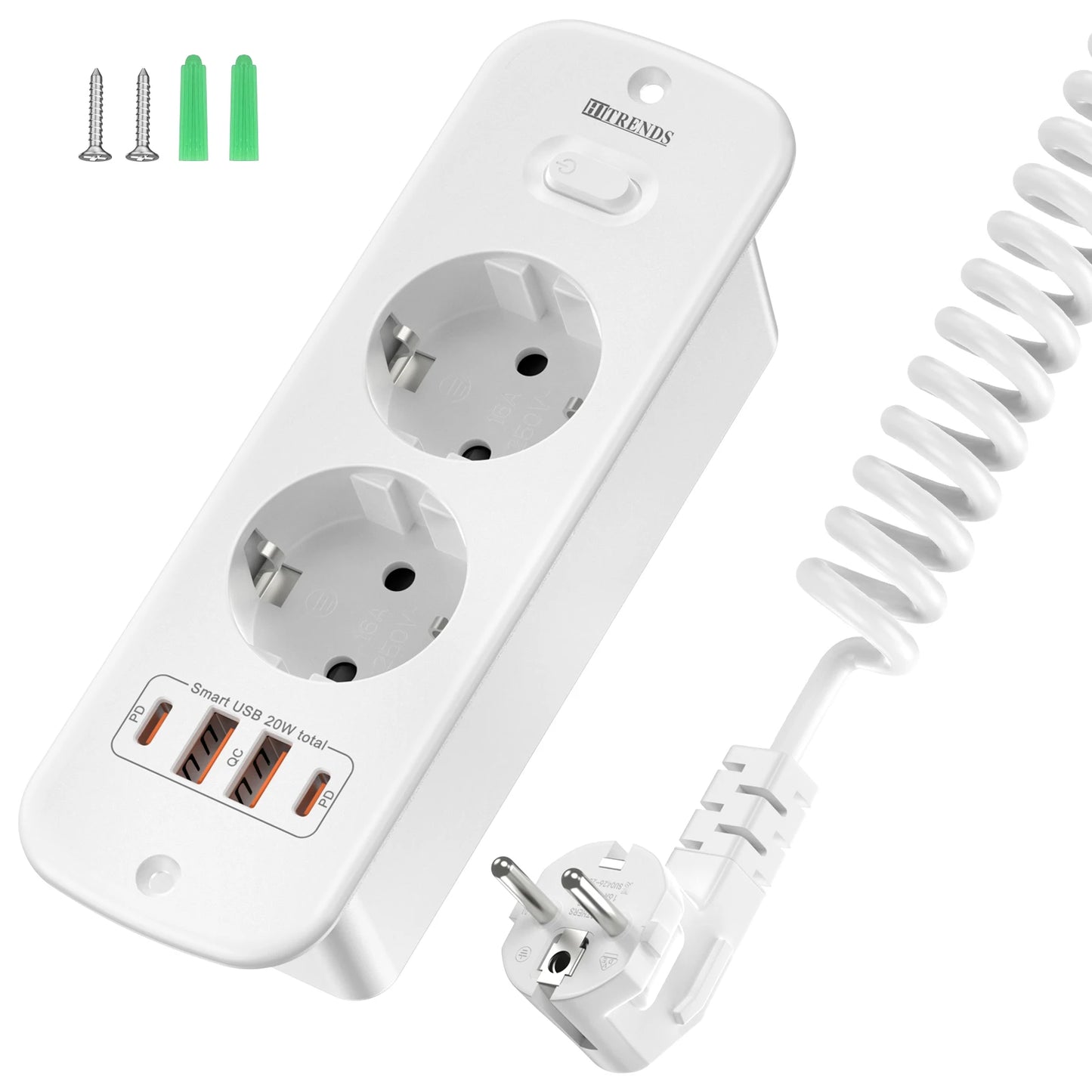 Hitrends Flush-Mounted Wall Socket – 2 EU Sockets, 2 USB-A &amp; 2 USB-C PD 20W, 2m Spiral Extension Cable