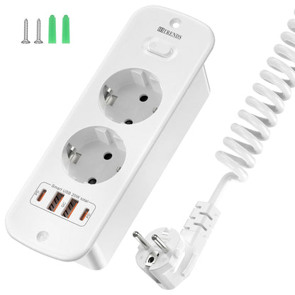Hitrends Flush-Mounted Wall Socket – 2 EU Sockets, 2 USB-A &amp; 2 USB-C PD 20W, 2m Spiral Extension Cable