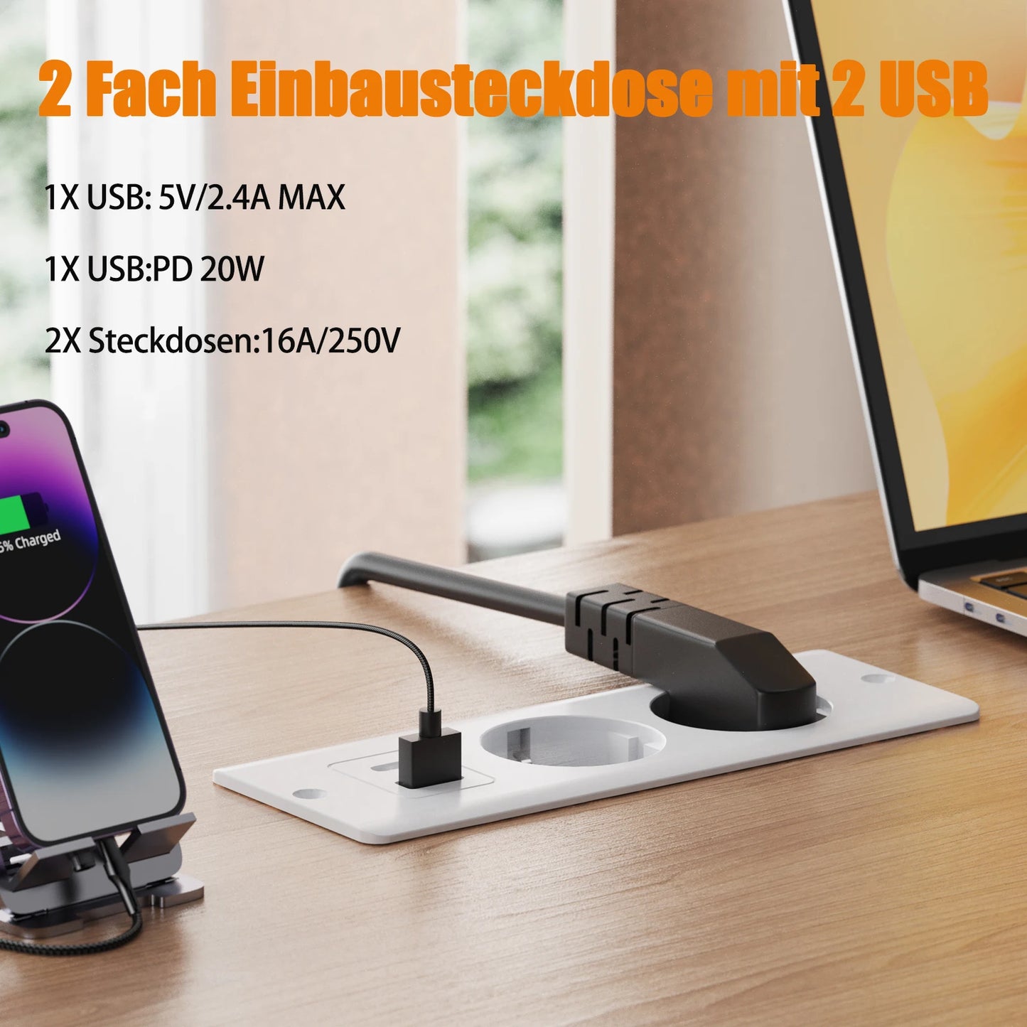 Hitrends Built-in Desk Socket – 2 EU Sockets, 1 USB &amp; 1 USB-C, 2m Extension Cable