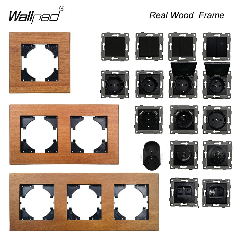 Wallpad Luxe Houten EU Stopcontact – Retro Schakelaar met USB, TV & Datapoort (110–250V)